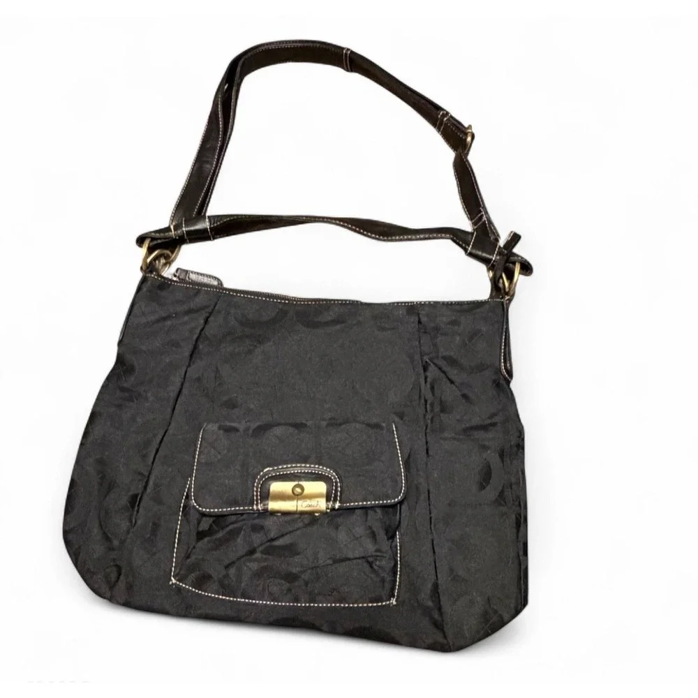 Coach Kristin Black Signature Jacquard Hobo Shoulder Bag Leather Trim